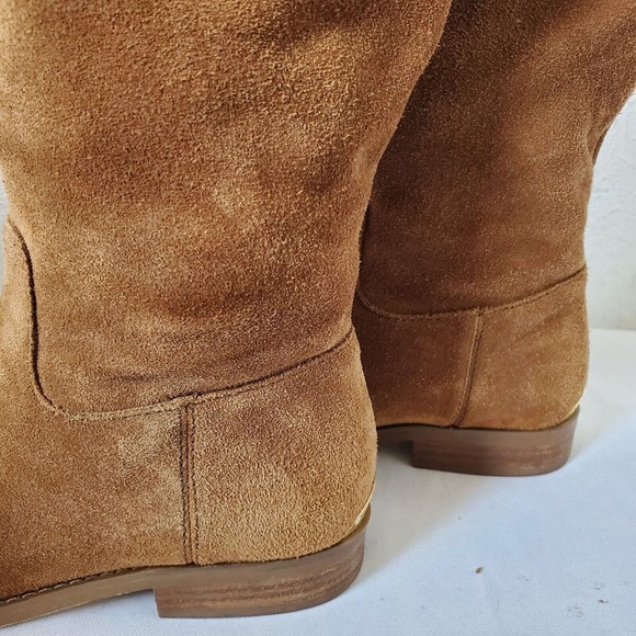 Michael Kors Logo Plate Rhea Brown Suede Boots Mid Calf Pull On Womens 5.5M US - Picture 7 of 14